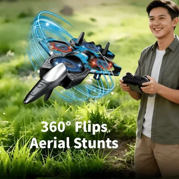 Young man outdoors controls a futuristic toy drone with glowing blue propeller rings on grass nearby.