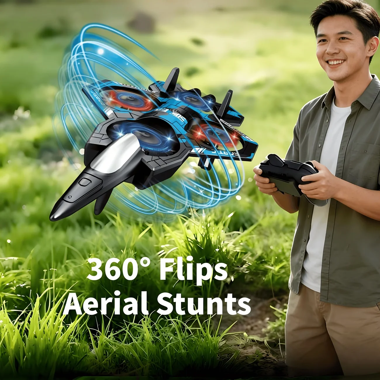 4G Remote Control Fighter Jet Plane Toy Drone for Kids 2 | PricZone Young man outdoors controls a futuristic toy drone with glowing blue propeller rings on grass nearby | PricZone