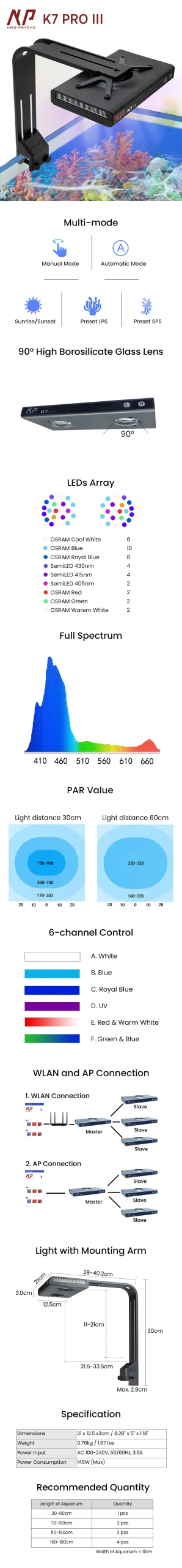 Noopsyche K7 Pro Iii V3 140W Full Spectrum Reef LED Light 9