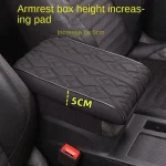 Car armrest pad showing a 5 cm height increase for the center console with a quilted design text reads Armrest box height increasing pad and Increase by 5cm | PricZone