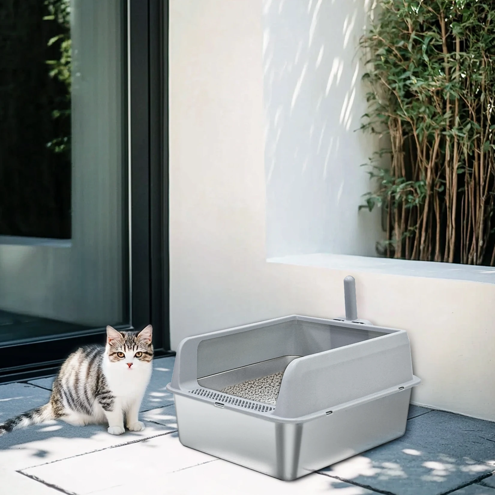 Stainless Steel Cat Litter Box Semi-Open High-Sided Pan 24