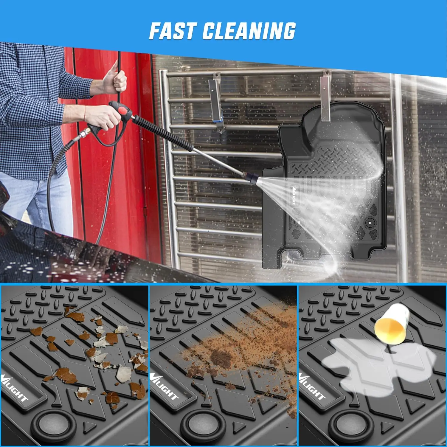 Nilight Chevy Silverado Ev Rst All Weather Floor Mats 5 | PricZone Advertisement banner showing FAST CLEANING as a person uses a pressure washer to clean a car trunk with a portable cleaning device and dirty rubber floor mats in view below | PricZone