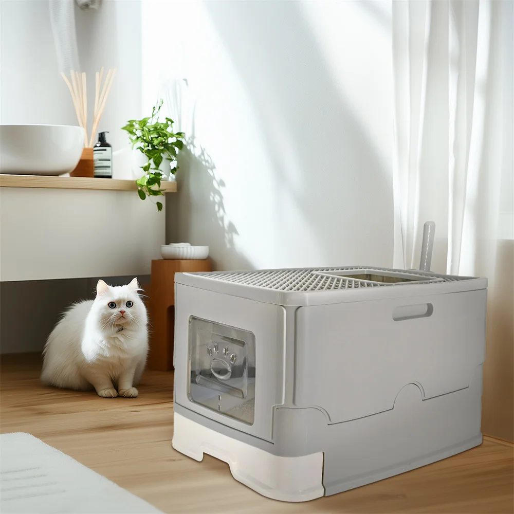 Large Cat Litter Box Kitty Sandbox Enclosed Splashproof 9