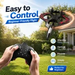 Znlyrion Yl87 Epp Foam Fighter RC Plane with Fixed Altitude 2 | PricZone Drone with hand held remoteController in a sunny backyard text reads Easy to Control and Beginner Friendly Flight for beginners | PricZone