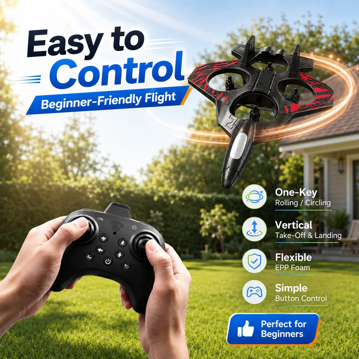 Znlyrion Yl87 Epp Foam Fighter RC Plane with Fixed Altitude 2 | PricZone Drone with hand held remoteController in a sunny backyard text reads Easy to Control and Beginner Friendly Flight for beginners | PricZone
