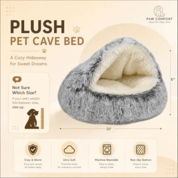 Cat Bed Round Plush Fluffy Hooded Cave Cozy for Indoor Cats 2