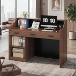 Modern Reception Desk with Counter and Storage 3 | PricZone Wooden home office desk with built in shelves monitor showing 1010 a telephone and folders | PricZone