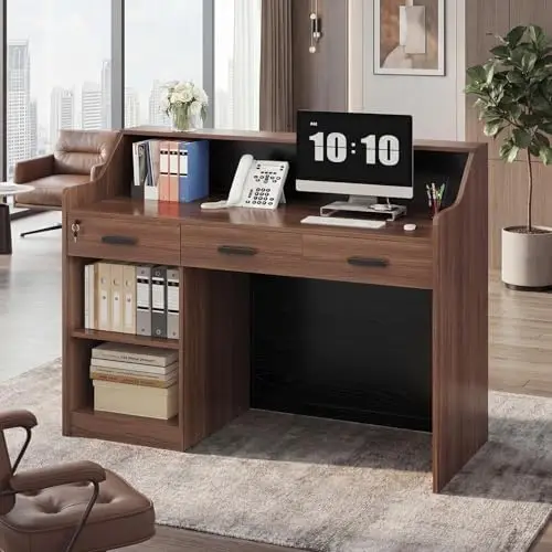 Modern Reception Desk with Counter and Storage 3 | PricZone Wooden home office desk with built in shelves monitor showing 1010 a telephone and folders | PricZone