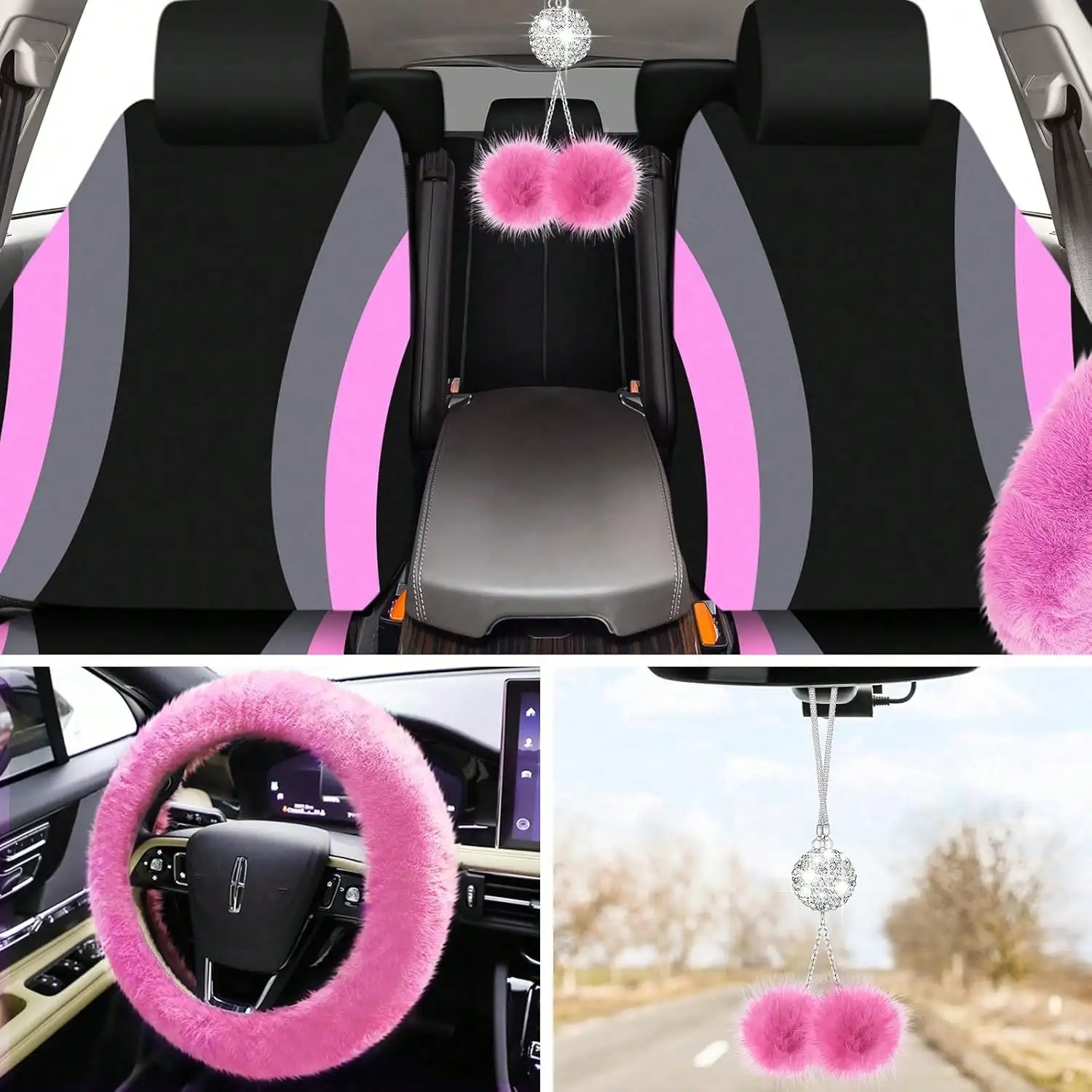 Piece Luxury Car Seat Cover Set with Soft Fluffy Steering 7 | PricZone Collage of pink fuzzy car accessories steering wheel cover seat trims hanging pom poms and dashboard trim | PricZone