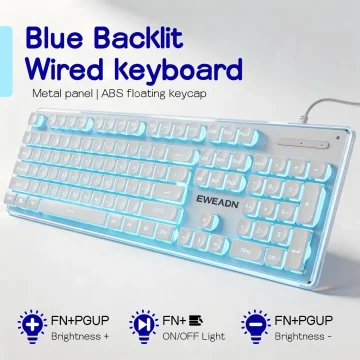 Ice Blue Backlit Gaming Keyboard with Pudding Keycaps Metal 2