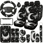 Car interior accessory set in black with white moon and butterfly celestial print steering wheel cover seat covers mats and more | PricZone