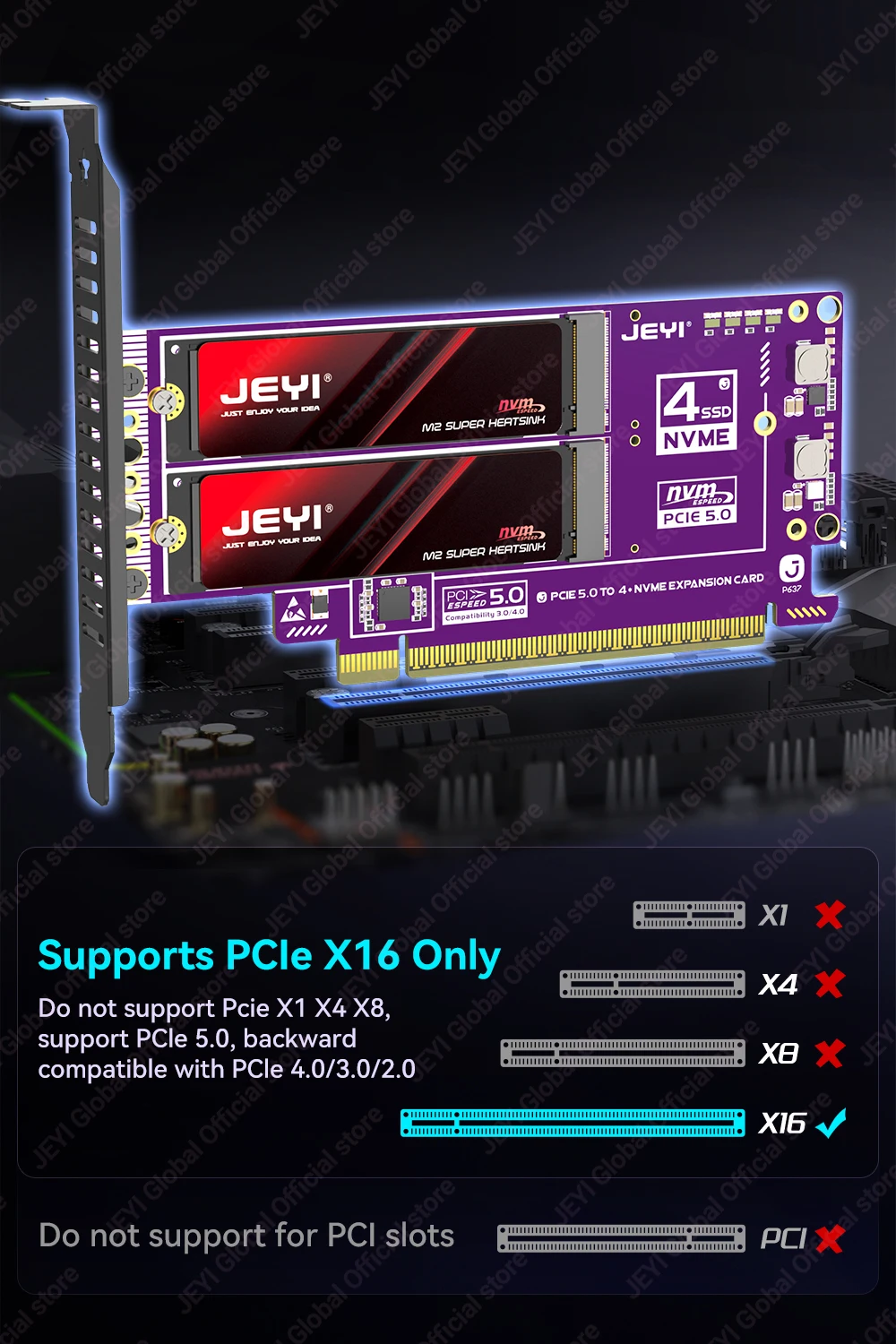 Jeyi Pcie 5.0 X16 Quad M.2 Expansion Card 512Gbps Support