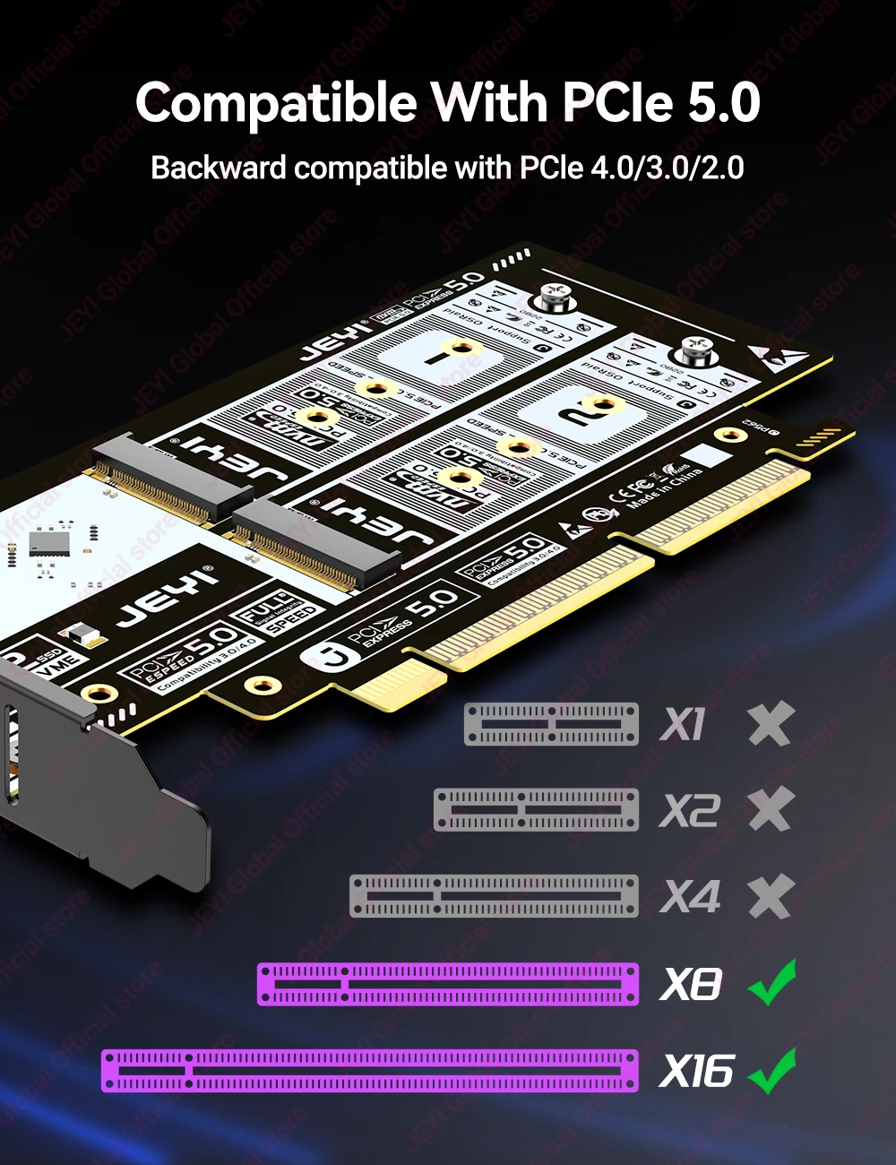 Jeyi 2-Bay M.2 Nvme SSD Pcie 5.0 X16 Expansion Card 9