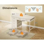 Infographic of a white desk with a left 3 drawer pedestal and right legs showing overall length 394 in and depth 189 in height 308 in with knee clearance 263 in two storage boxes in front weigh 11 lb each and measure about 178 in by 66 in and 126 in by 45 in illustrating dimensions | PricZone
