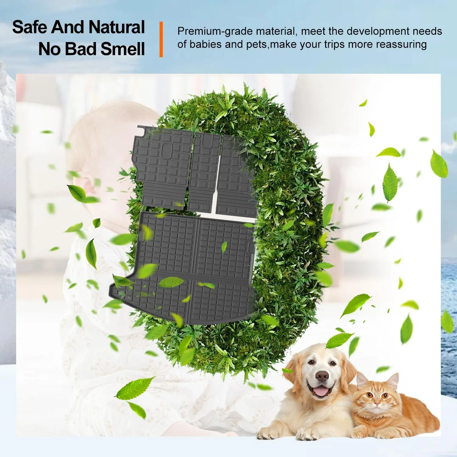 Mazda Cx5 Trunk Liner with Backrest Mats Tpe Cargo Mat 6 | PricZone Promotional banner advertising safe natural products for babies and pets featuring a green circular wreath and stacked black panels | PricZone