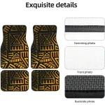 Set of four car seat covers with a black and gold geometric pattern shown with fabric swatches labeled hemming front and backside photos on the right | PricZone