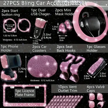 Artificial Diamond Car Steering Wheel Decoration Set Pink 2