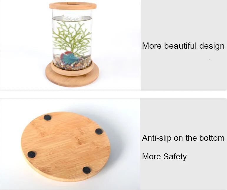 360 Degree Rotating Glass Betta Fish Tank Bamboo Base 15