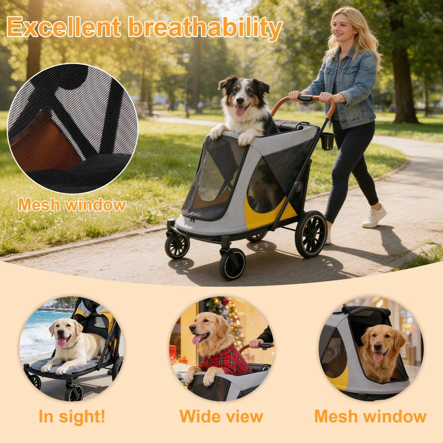 4-Wheel Dog Stroller for Large Dogs Up to 42 kg One-Click 13
