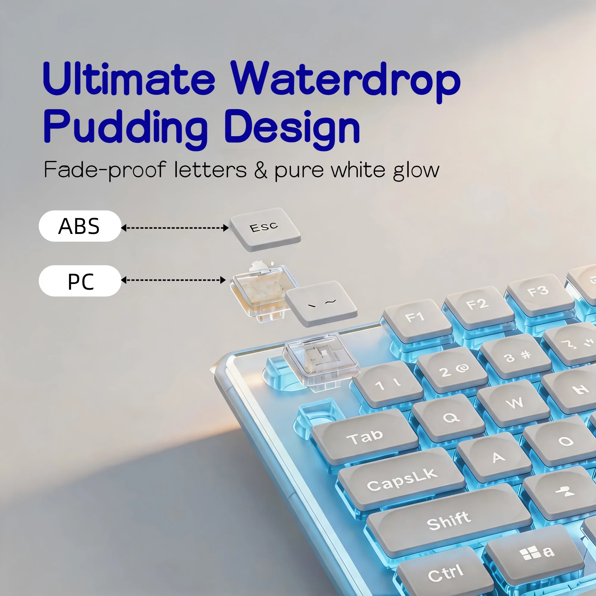 Ice Blue Backlit Gaming Keyboard with Pudding Keycaps Metal 14