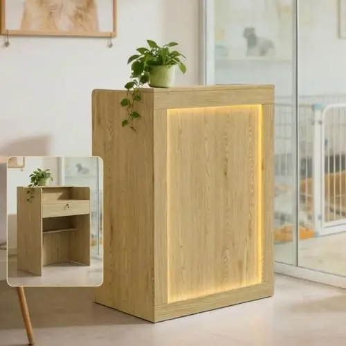 Modern Reception Desk with Lockable Drawer 15Mm Mdf 1 | PricZone Tall light wood cabinet with a warm backlit inset panel and a potted plant on top placed by a glass door in a bright room | PricZone
