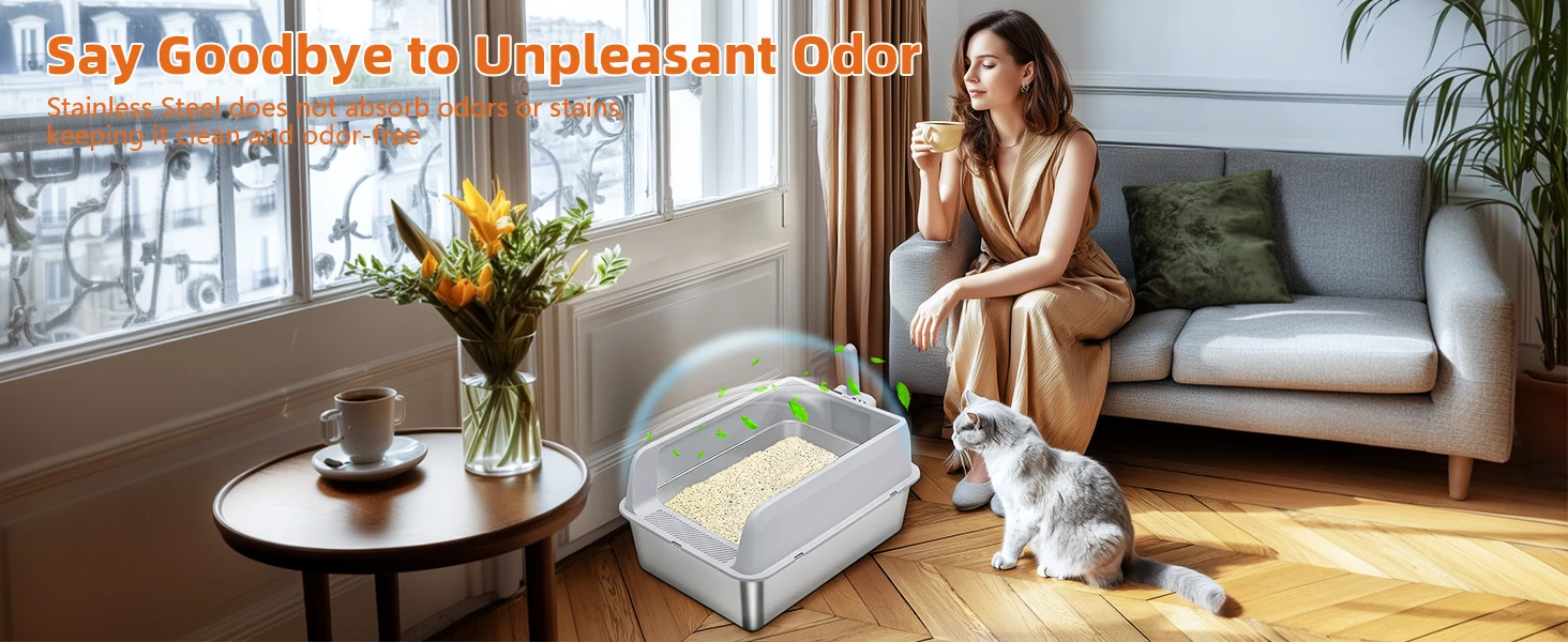 Stainless Steel Cat Litter Box Semi-Open High-Sided Pan 10