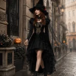 Lace Flower Tulle Witch Hat for Women Velvet Pointed Wide 4 | PricZone