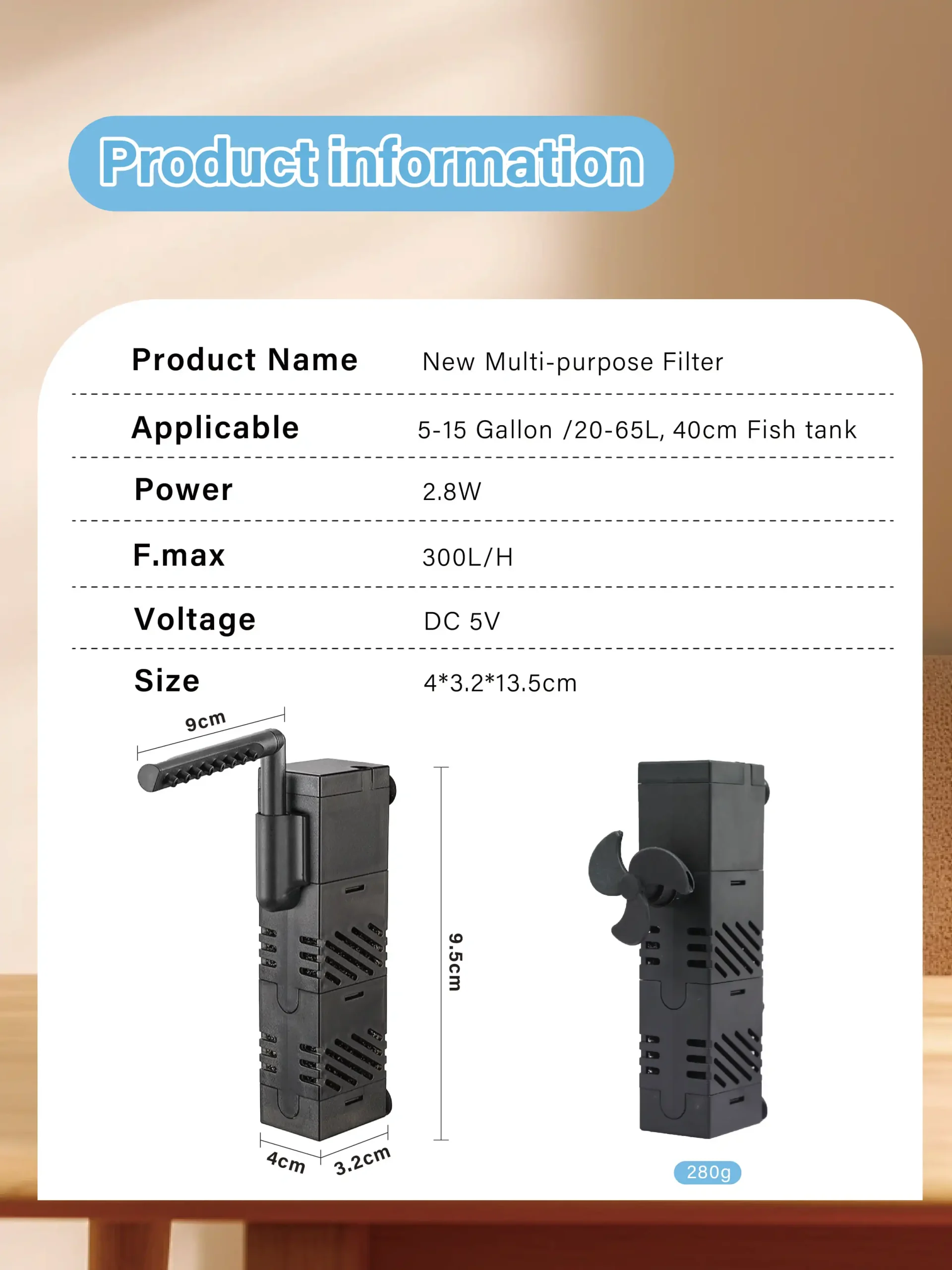 Aquarium Filter 5 In 1 Submersible Fish Tank 5V USB Wave 13