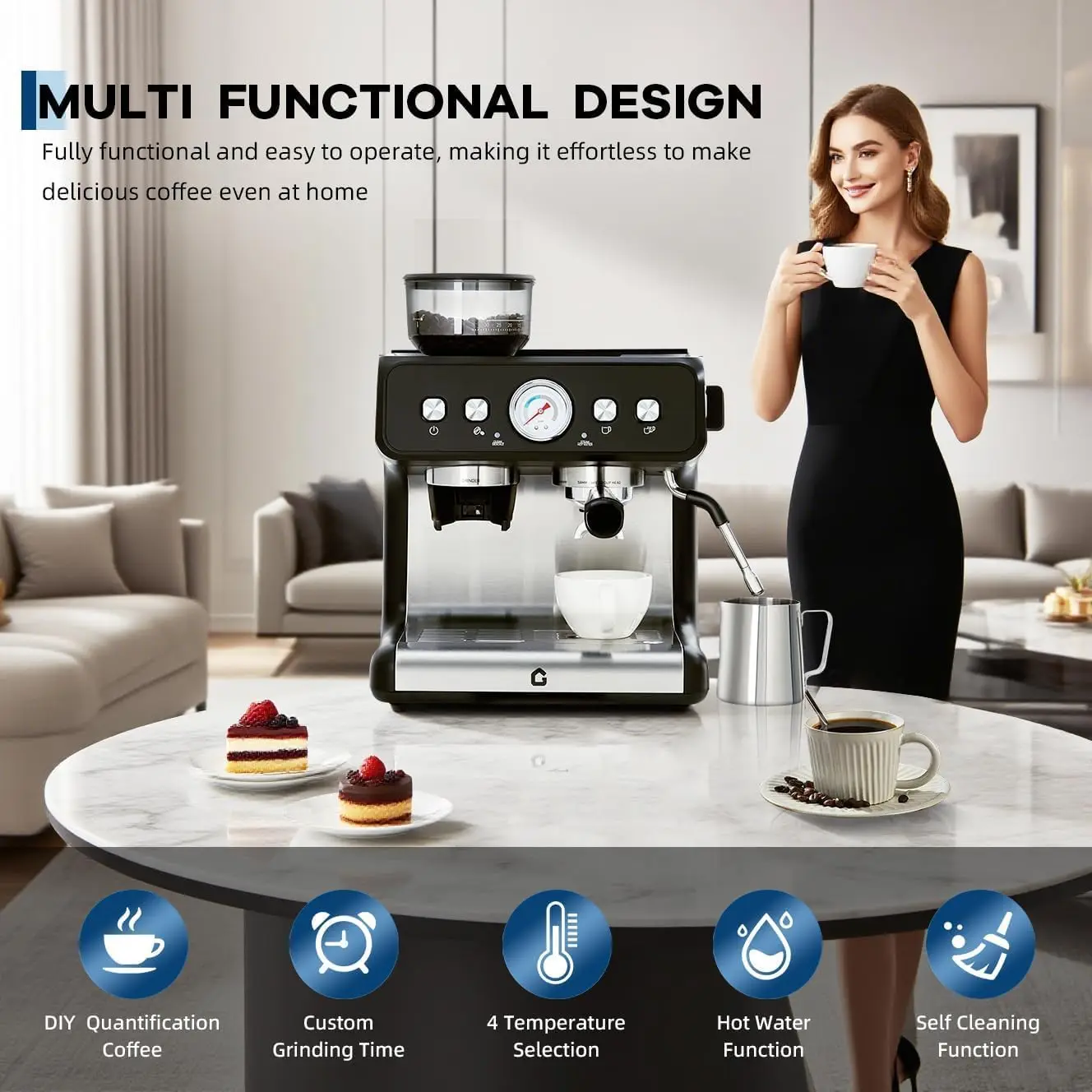 Espresso Machine with Grinder 20 Bar Stainless Steel 14