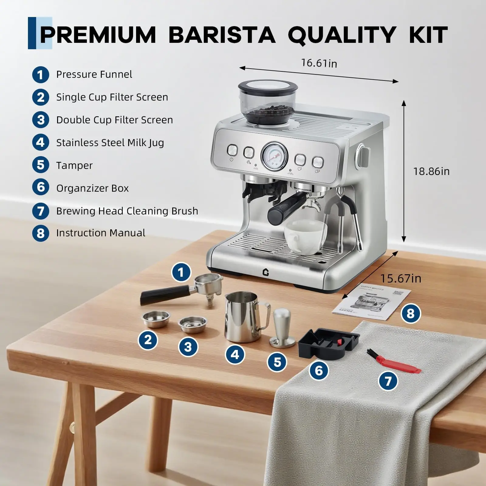 Espresso Machine with Grinder 20 Bar Stainless Steel 11