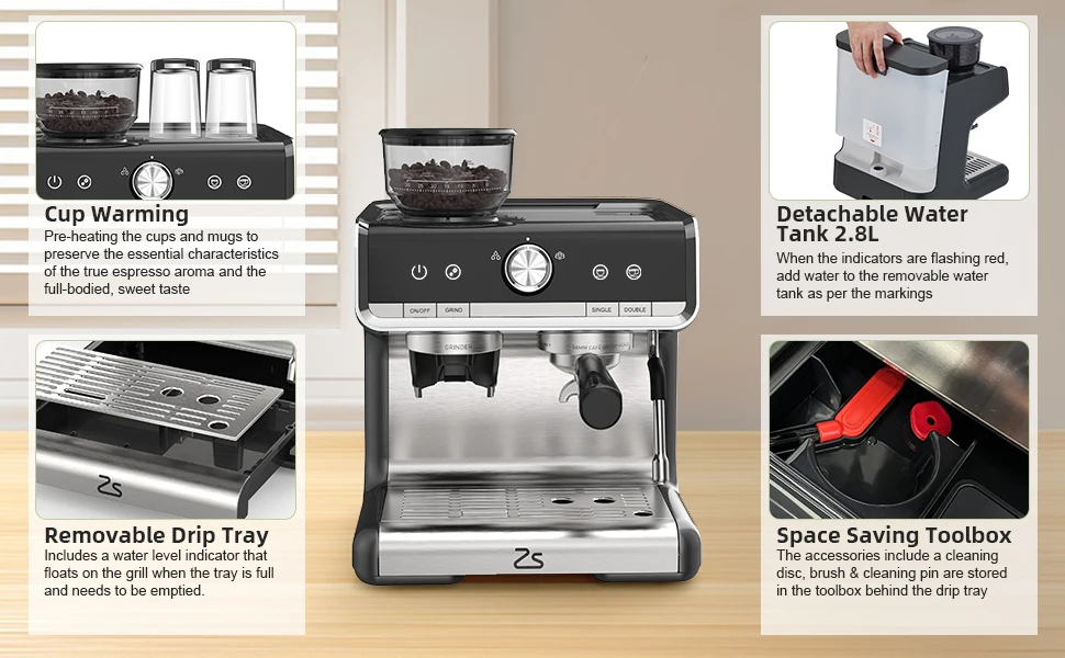 Espresso Coffee Machine with Grinder 20 Bar Semi-Automatic 19
