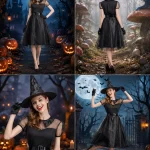 Women Witch Costume Short Sheer Mesh Sleeve Midi Dress 7 | PricZone