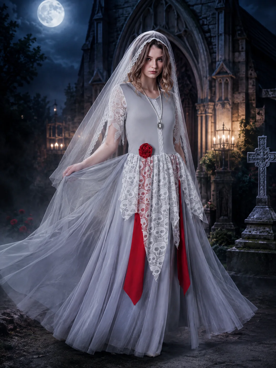 Women Halloween Ghost Bride Cosplay Costume Grey Long Lace 5 | PricZone Women Halloween Ghost Bride Cosplay Costume Grey Long Lace 5 | PricZone