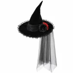 Lace Flower Tulle Witch Hat for Women Velvet Pointed Wide 7 | PricZone