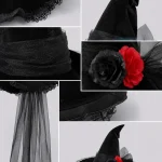 Lace Flower Tulle Witch Hat for Women Velvet Pointed Wide 6 | PricZone