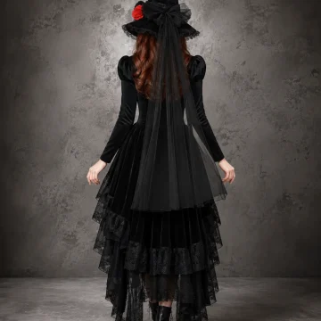 Lace Flower Tulle Witch Hat for Women Velvet Pointed Wide 2
