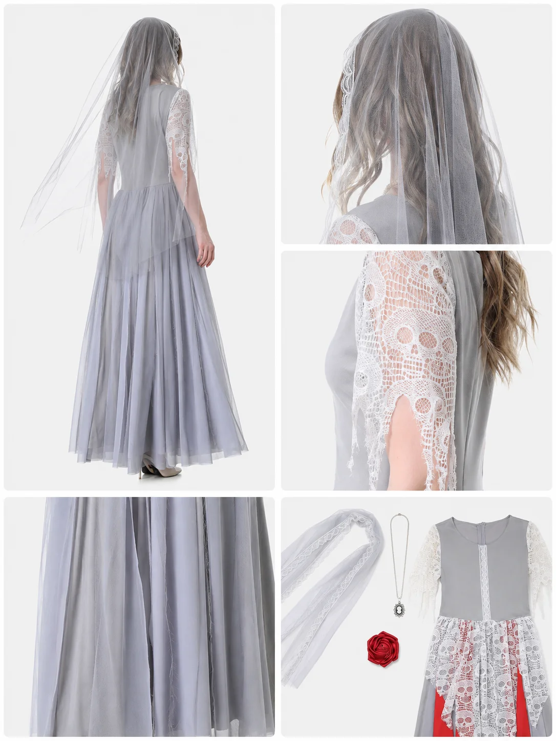 Women Halloween Ghost Bride Cosplay Costume Grey Long Lace 7 | PricZone Women Halloween Ghost Bride Cosplay Costume Grey Long Lace 7 | PricZone