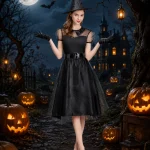 Women Witch Costume Short Sheer Mesh Sleeve Midi Dress 4 | PricZone