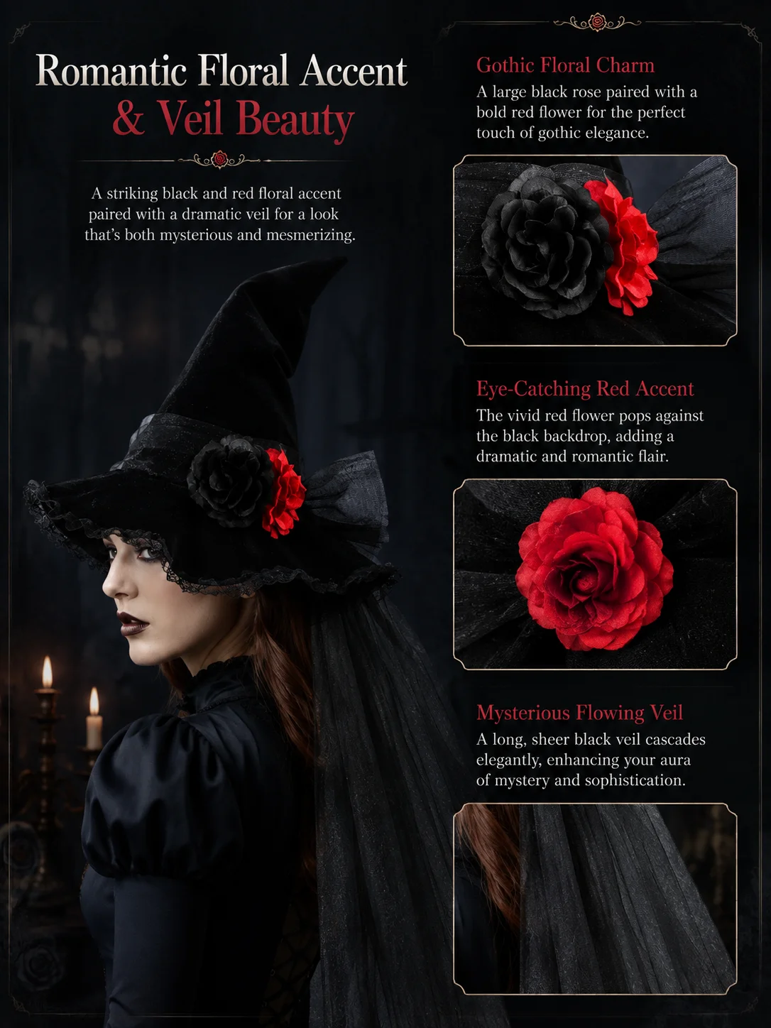 Lace Flower Tulle Witch Hat for Women Velvet Pointed Wide 14