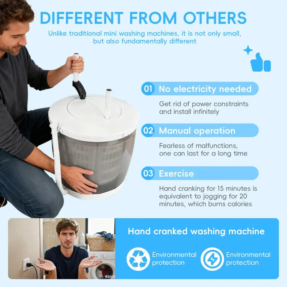 Hand-Crank Washer Spin Dryer 2-In-1 Manual Laundry Basket 12