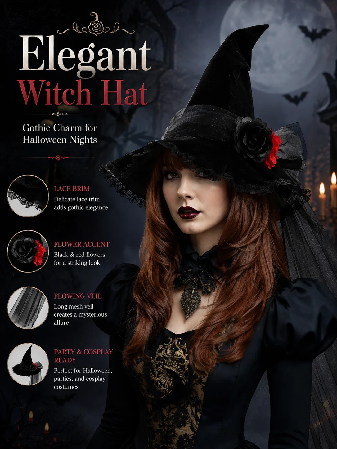 Lace Flower Tulle Witch Hat for Women Velvet Pointed Wide 10