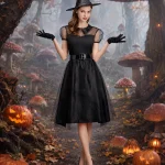 Women Witch Costume Short Sheer Mesh Sleeve Midi Dress 3 | PricZone
