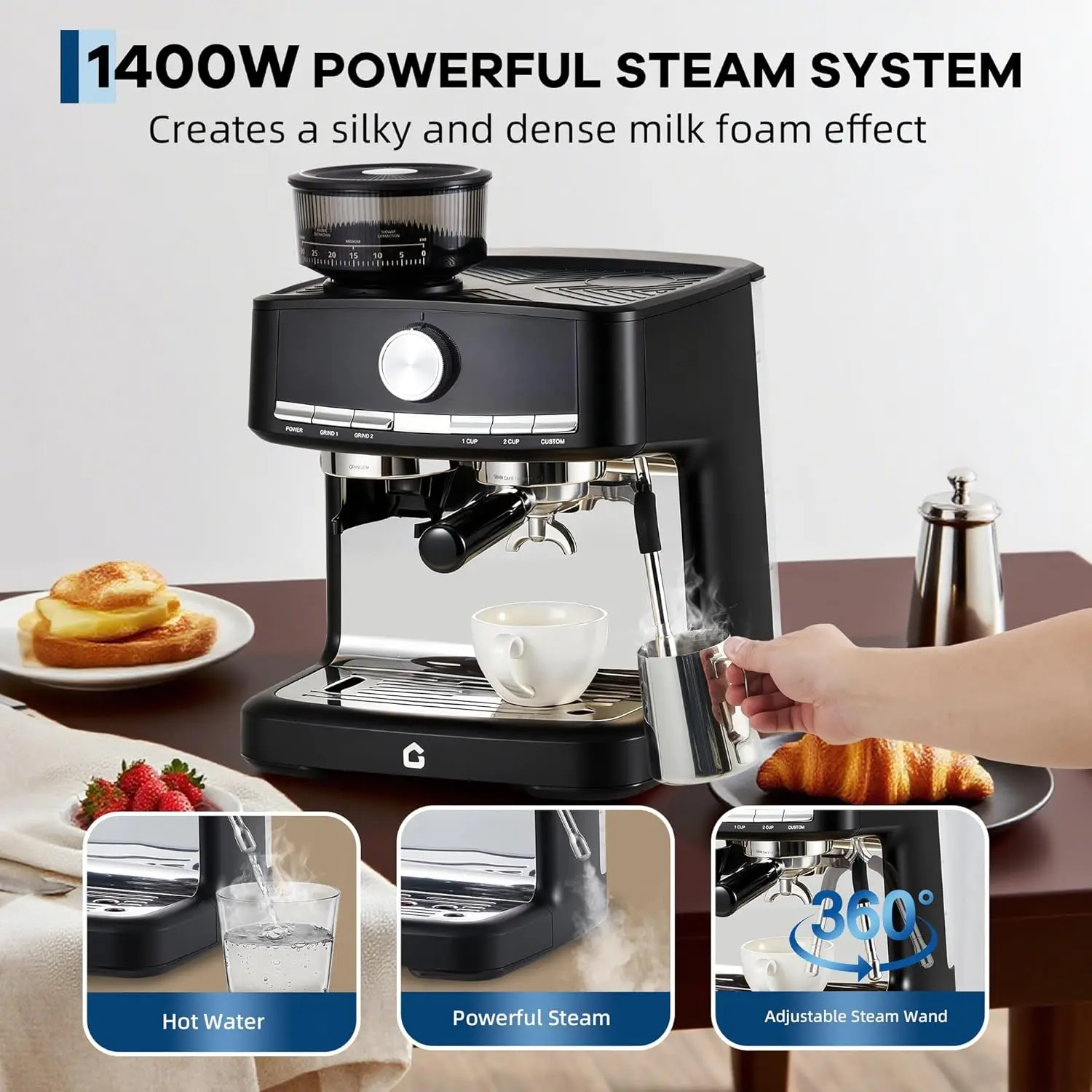 Stainless Steel Espresso Machine with Grinder 20 Bar Metal 6 | PricZone Stainless Steel Espresso Machine with Grinder 20 Bar Metal 6 | PricZone