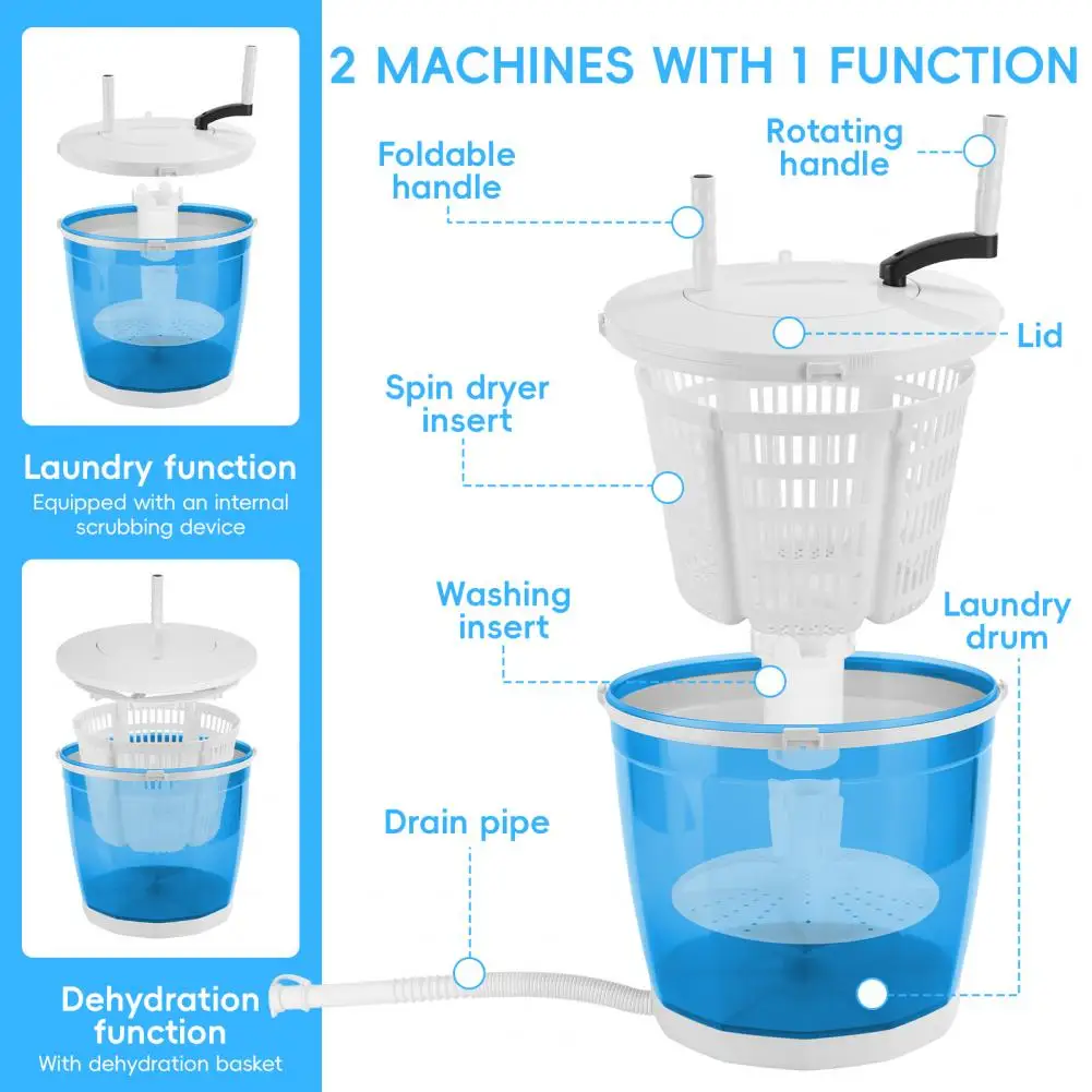 2-In-1 Manual Laundry Basket Hand-Crank Washer Spin Dryer 16