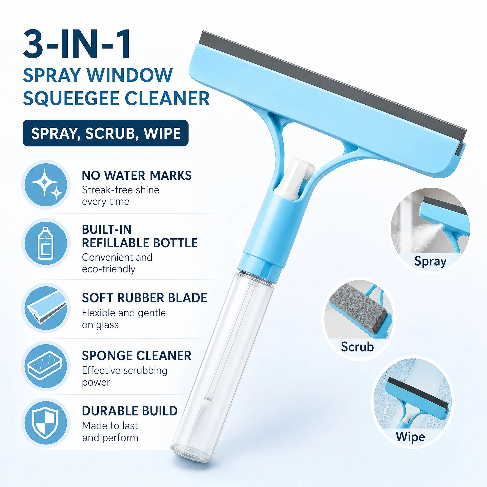 Window Squeegee with Built-In Spray 3-In-1 Glass Cleaner 8
