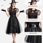 Women Witch Costume Short Sheer Mesh Sleeve Midi Dress 5 | PricZone