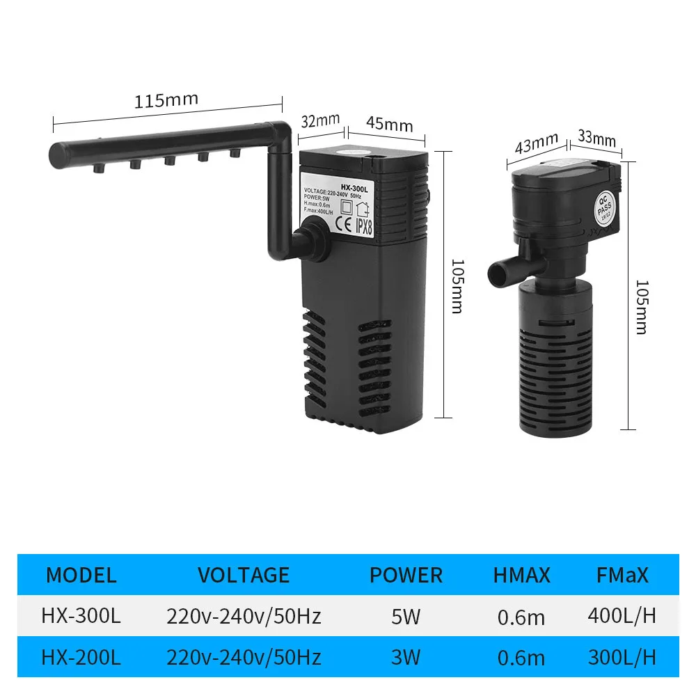 3 In 1 Silent Aquarium Filter Submersible Oxygen Internal 18