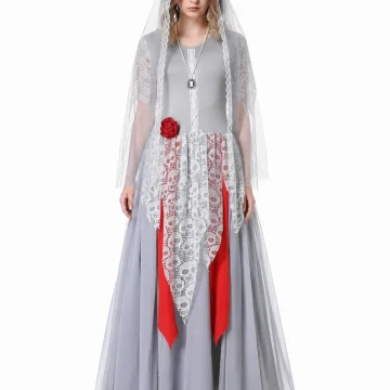 Women Halloween Ghost Bride Cosplay Costume Grey Long Lace 1 | PricZone