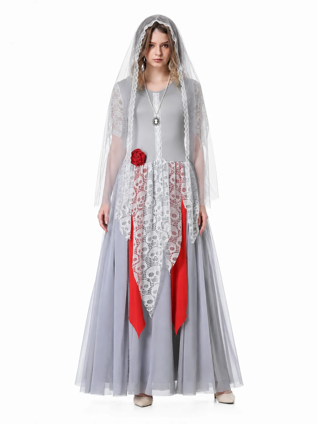 Women Halloween Ghost Bride Cosplay Costume Grey Long Lace 1 | PricZone Women Halloween Ghost Bride Cosplay Costume Grey Long Lace 1 | PricZone