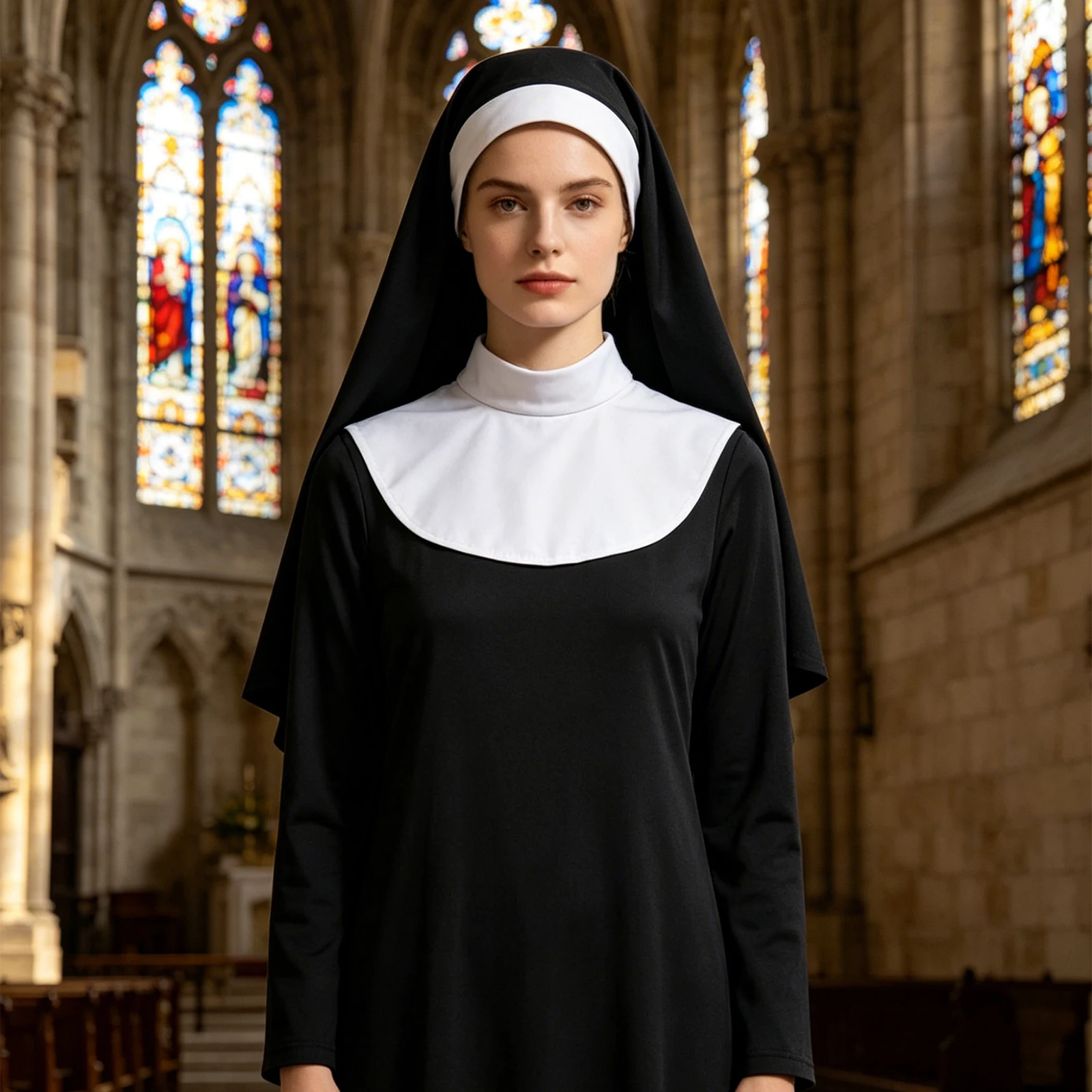 Women Nun Costume White Dress with Headscarf Halloween 1 | PricZone Women Nun Costume White Dress with Headscarf Halloween 1 | PricZone